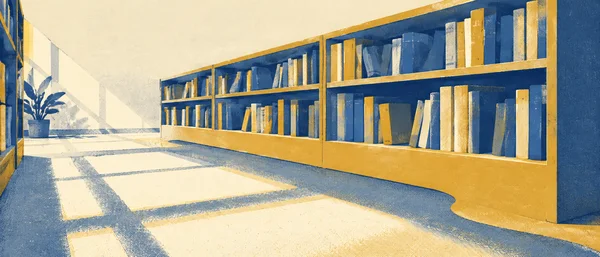 A long ochre-and-ultramarine bookcase filled with blocky books recedes along a library aisle.