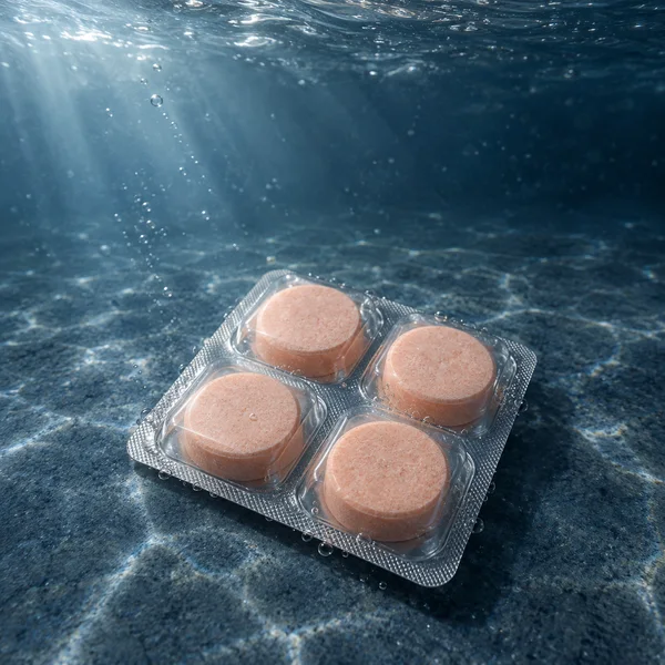 A clear blister pack with four peach-coloured round tablets rests diagonally on a textured blue-grey floor underwater, with bubbles clinging to its edges and…