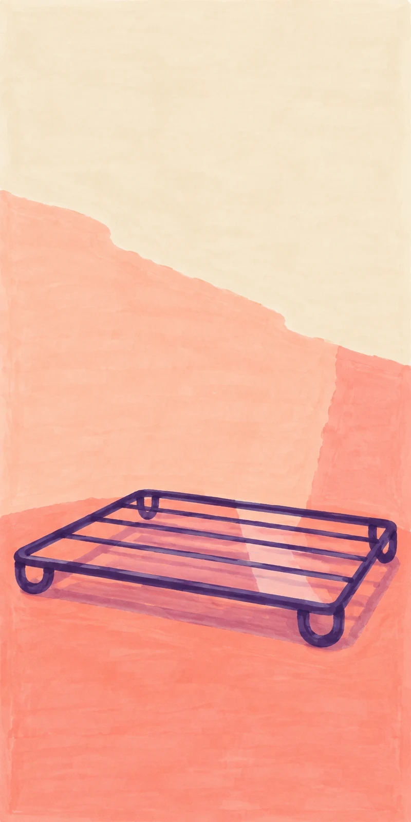 A hand-drawn violet wire cooling rack with four rounded loop feet sits on a coral surface against a large cream-and-coral patchwork background, with a pale…