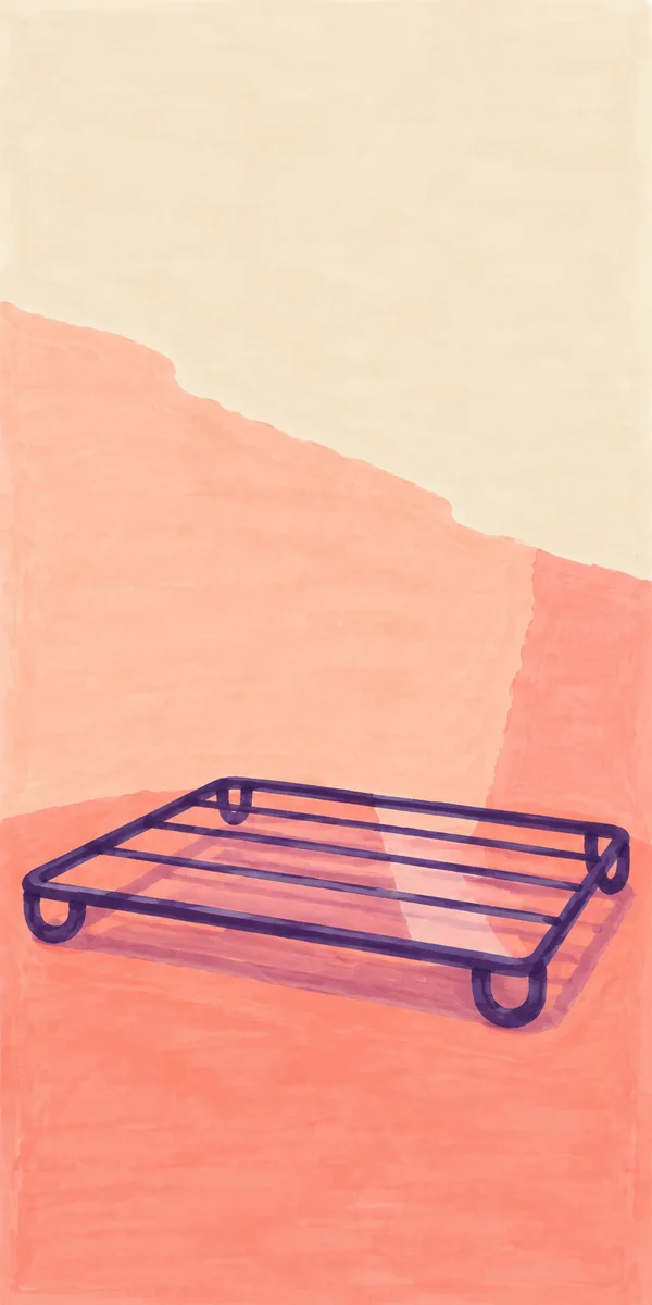 A hand-drawn violet wire cooling rack with four rounded loop feet sits on a coral surface against a large cream-and-coral patchwork background, with a pale…