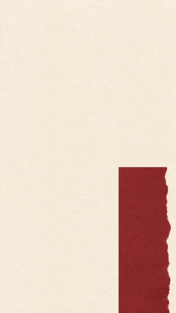 A dark red vertical paper strip rises from the bottom near the right edge of a warm ivory, grain-textured background.