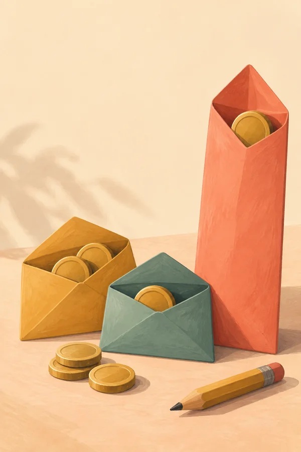 A textured illustration of three open envelopes on a pale peach tabletop: an elongated coral envelope and squat ochre and muted teal envelopes hold golden…