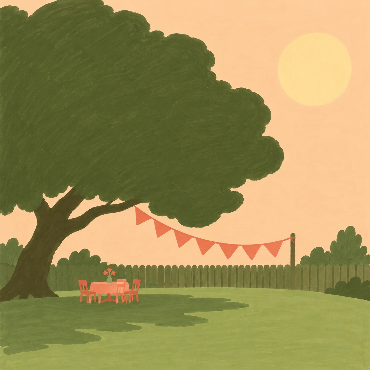 A large dark-olive tree with a crooked trunk shades a small coral table and chairs on a sage-green lawn.