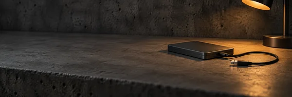 A flat charcoal external drive and its looped cable sit right of center on a textured concrete desktop.