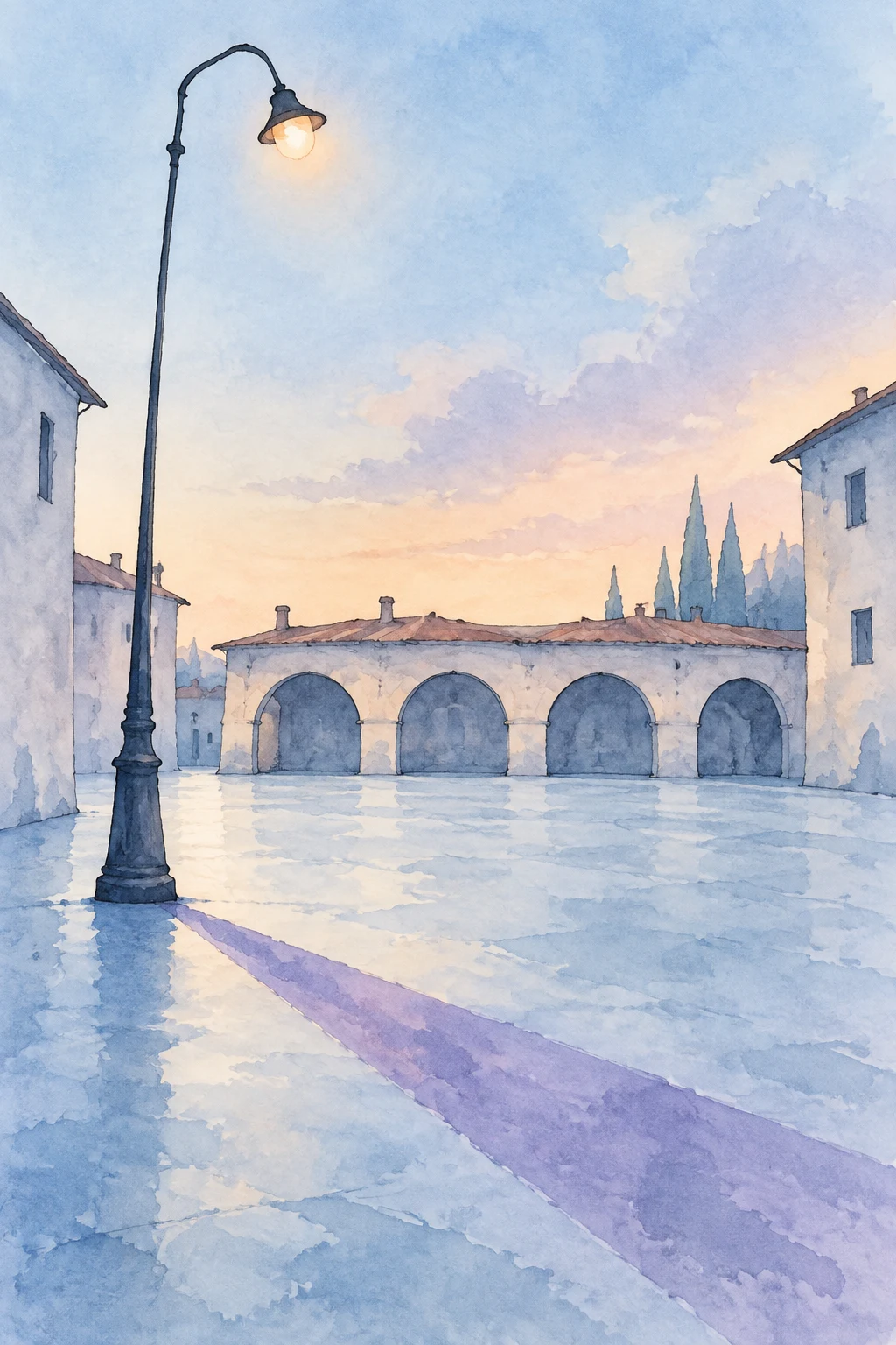 A tall, curved streetlamp with a glowing peach-colored bulb stands in an empty blue-washed square.