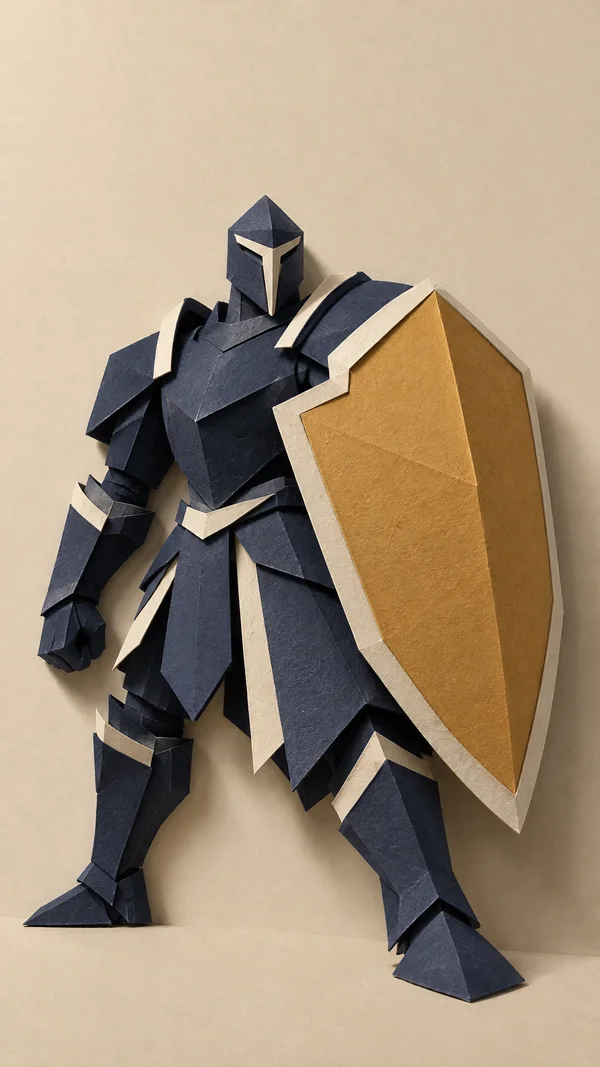 A full-length faceless guardian made from layered dark navy cardstock stands against a pale sand-colored background, holding a large ochre shield edged in…