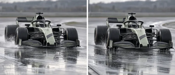 A pale-sage and charcoal single-seat race car with a helmeted driver is shown in two adjacent views on a wet circuit, spraying water from its tyres and…