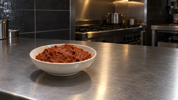 A shallow white ceramic bowl filled with coarse brick-red paste sits on a brushed stainless-steel counter in a dark commercial kitchen, with a stove, cookware…