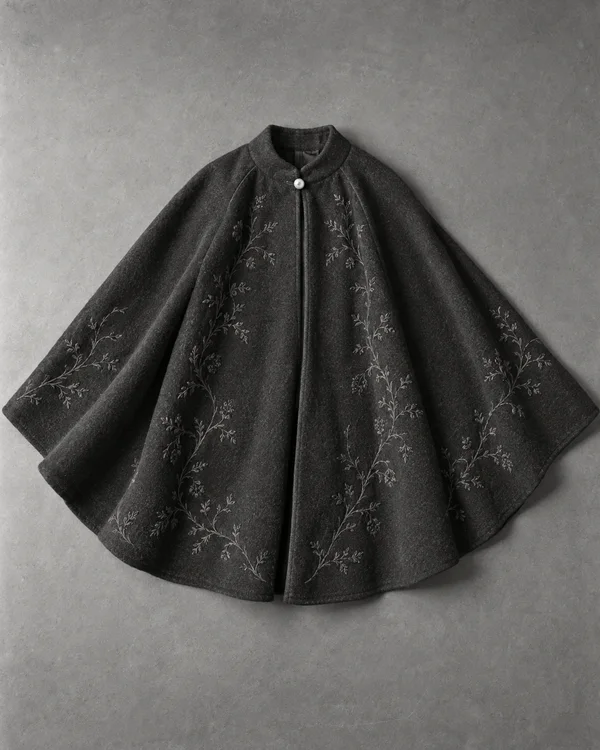 A charcoal wool cape with a rounded fan-shaped silhouette lies on a gray surface, showing a small light button at the neckline and branching embroidery across…