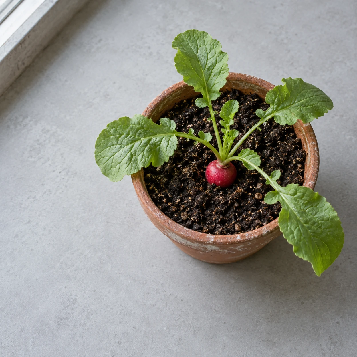 A small red radish with broad green leaves sits in dark soil in a worn terracotta pot on a pale grey surface beside a window; the pot is slightly right of…
