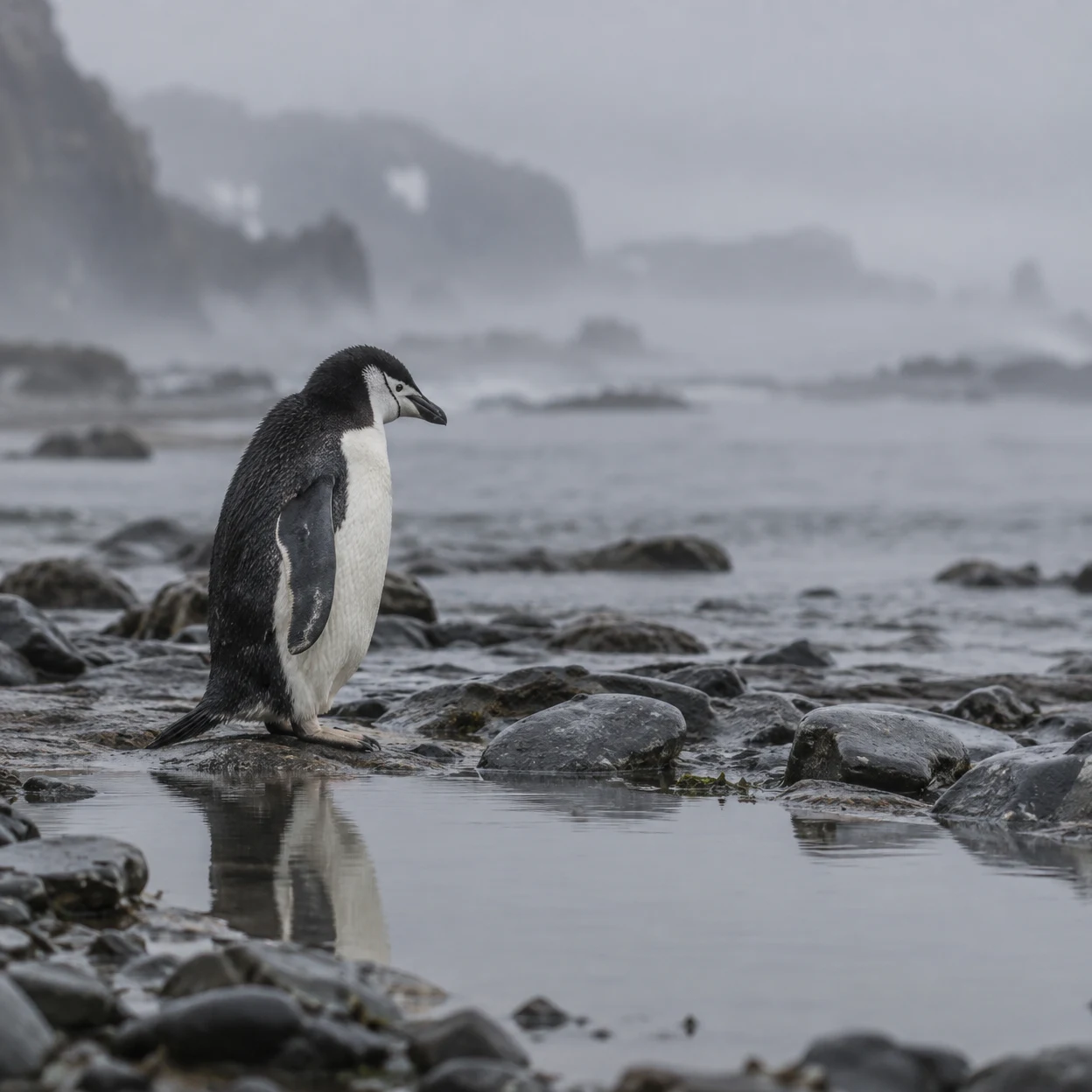 A single black-and-white penguin stands side-on on a wet, rocky shore beside a still tidal pool, with its reflection below and a calm, misty grey sea behind it.