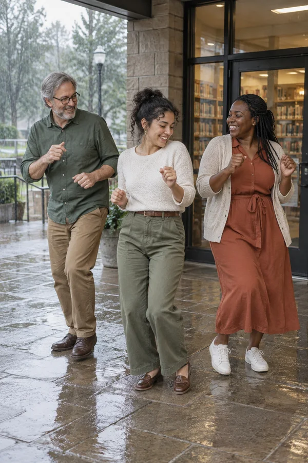 Three adults smile and make small dancing steps beneath a library entrance canopy, with bookshelves visible through the glass doors and wet stone paving…