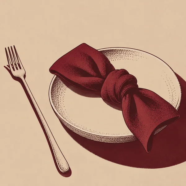 A burgundy knotted cloth napkin lies across a broad beige plate on a beige tabletop, with a long four-tined fork beside it and a deep burgundy shadow extending…