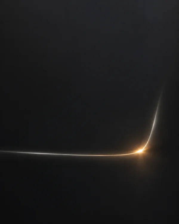A thin silver-white line crosses a nearly black charcoal field, bending into a bright amber glow on the right and rising in a long, tapered curve.