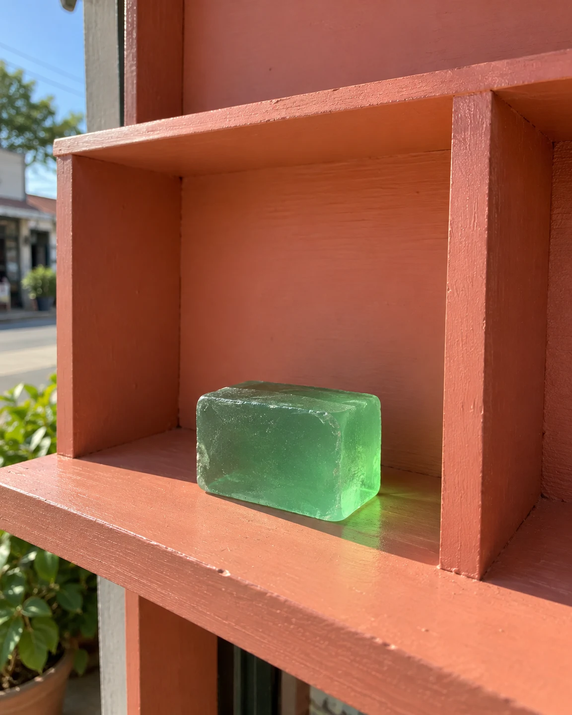 A translucent green soap bar rests in a coral-painted wooden cubby shelf outdoors, with sunlight passing through it and a leafy street scene visible at the…