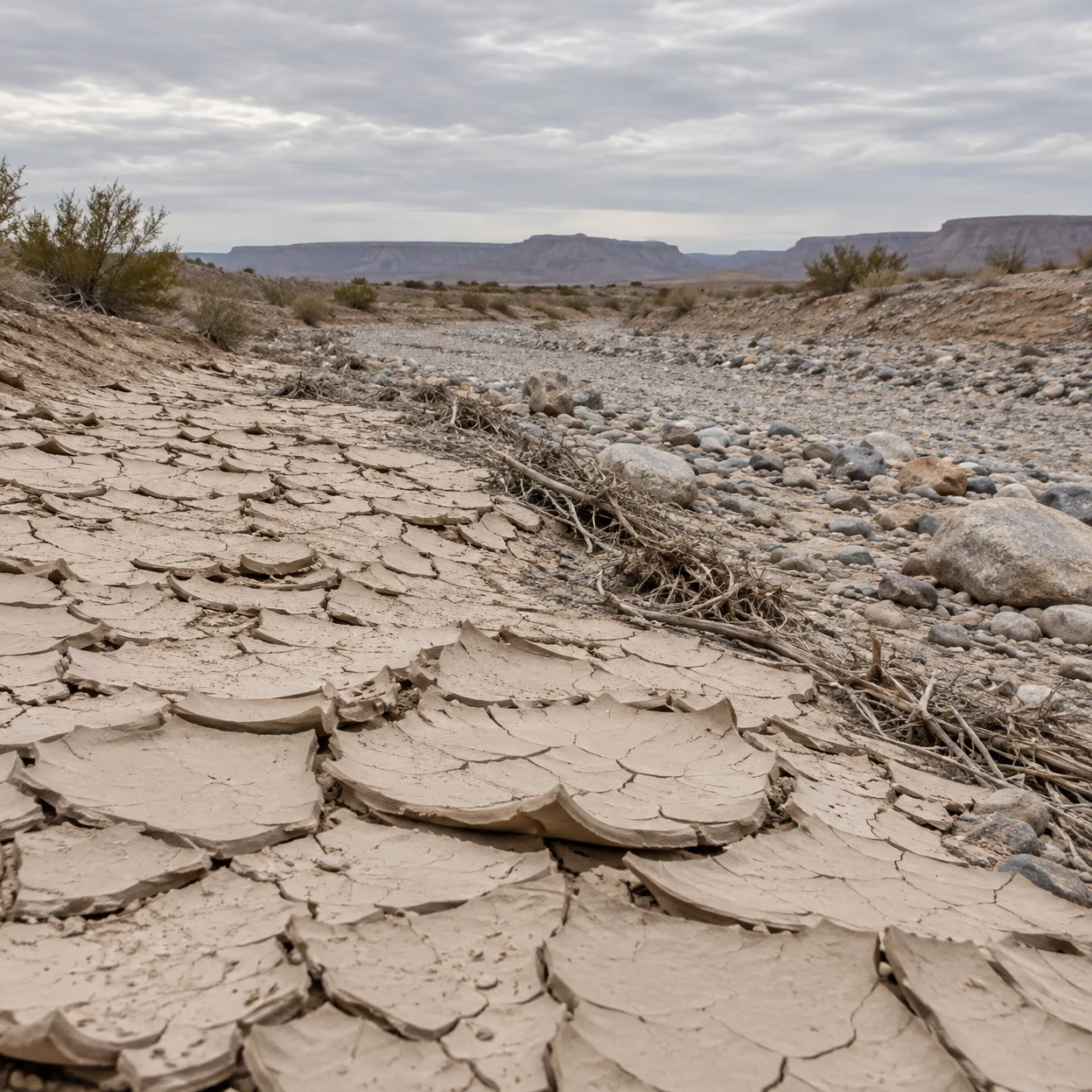 A dry desert wash with large upturned plates of cracked pale clay in the foreground, leading diagonally toward a gravel channel strewn with rounded stones and…