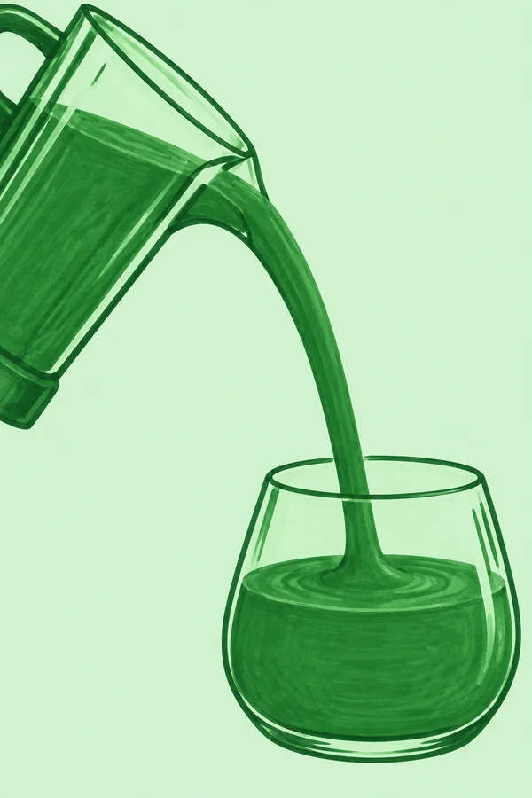 A dark-green smoothie pours in a curved stream from a large tilted pitcher cropped at the upper left into a squat transparent glass at the lower right, against…