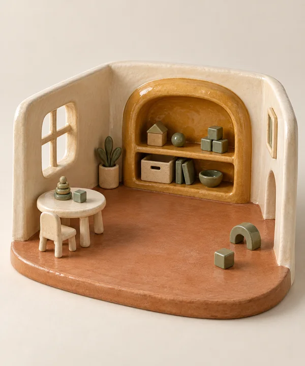 A hand-built-looking ceramic miniature playroom with cream walls, a glossy ochre two-shelf alcove filled with small objects and sage-green blocks, and a cream…