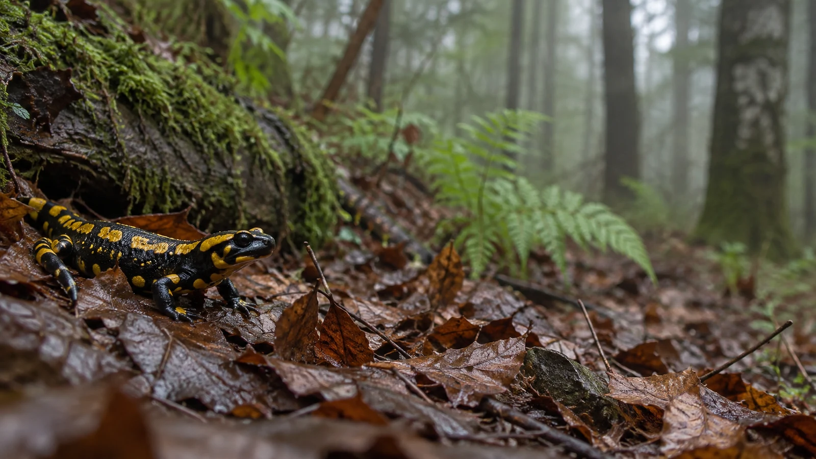 A black-and-yellow fire salamander rests on wet brown leaves beside a moss-covered fallen log, with ferns and blurred tree trunks in the background.