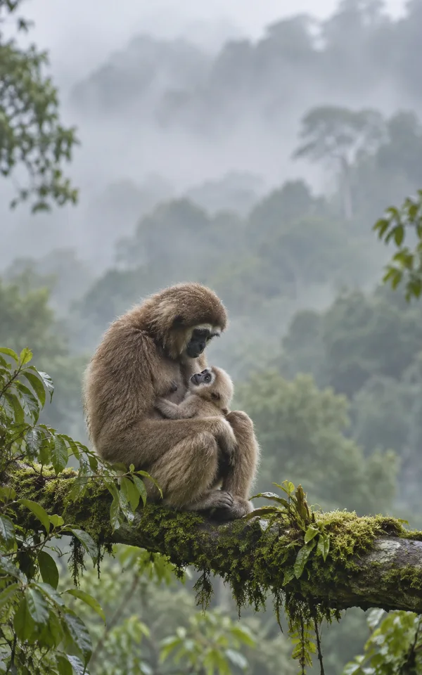 An adult buff-brown gibbon sits on a moss-covered branch, holding a small infant against her chest as misty green rainforest fades into the background.