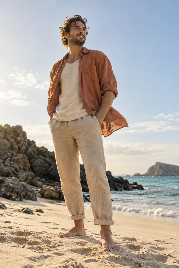 A barefoot man in a terracotta overshirt and sand-coloured trousers stands on a rocky beach, looking upward as his shirt moves in the breeze, with turquoise…
