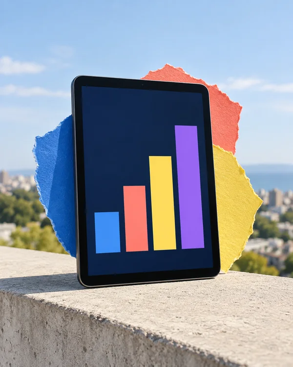A black tablet stands on a pale concrete ledge outdoors, showing four rising blue, coral, yellow and violet bars on a dark navy screen.