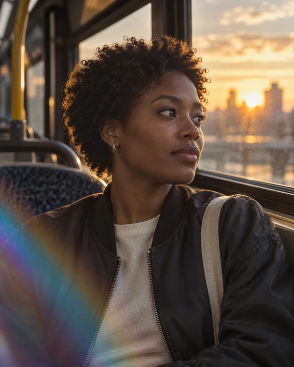 A woman with short natural curls sits by a bus window, gazing toward a sunset-lit city; she wears a dark bomber jacket over a cream top with a canvas shoulder…