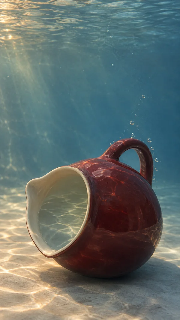 A glossy burgundy ceramic pitcher lies on its side on a pale tank floor underwater, with its cream-colored opening facing the camera and its handle rising…
