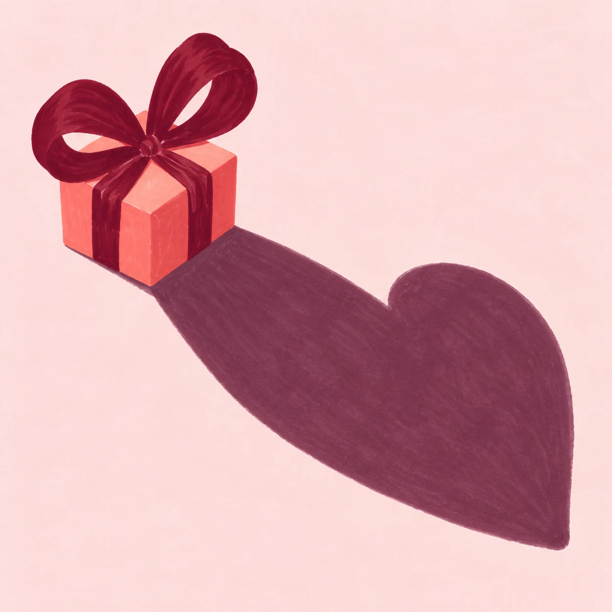 A coral gift box with an oversized burgundy bow sits in the upper-left area of a pale blush surface, casting a large plum heart-shaped shadow diagonally toward…