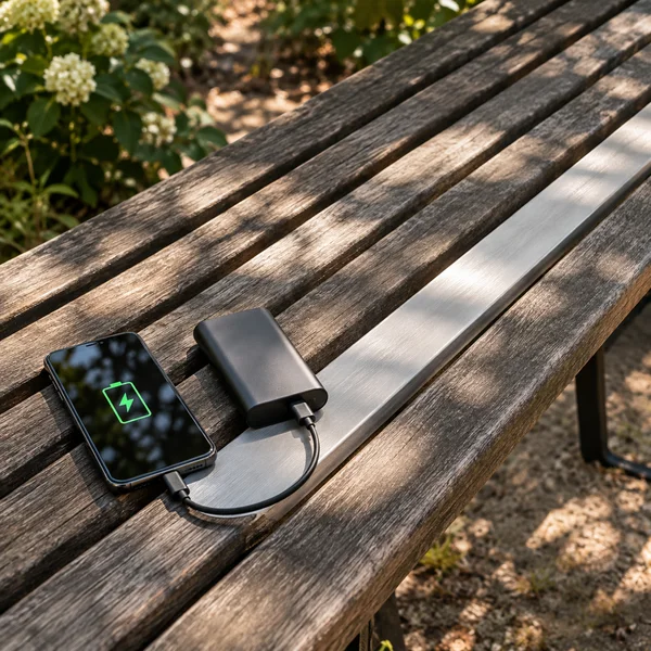 A black smartphone displaying a green battery-and-lightning pictogram is connected by a curved cable to a compact dark power bank on a weathered wooden garden…