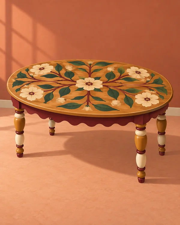 A honey-colored oval wooden table with cream flowers, dark green leaves and burgundy stems across its top stands on turned ochre-and-cream legs against a…