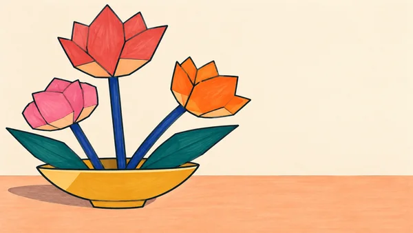 A hand-drawn arrangement of three angular coral, pink and orange flowers with cobalt stems and two teal leaves sits in a wide mustard-yellow bowl on a peach…