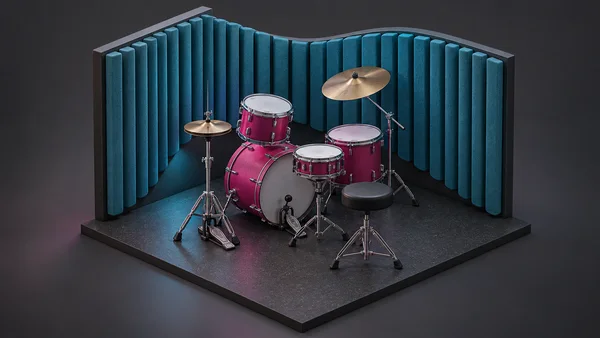 A magenta drum kit with a kick drum, snare, two mounted toms, hi-hat, one separate cymbal and an empty black drum throne sits on a beveled dark floor platform…