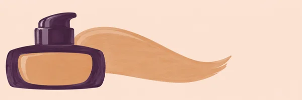 A hand-drawn marker illustration of a squat deep-aubergine foundation bottle with a short pump and warm-beige inset, overlapping a long caramel-beige swatch on…