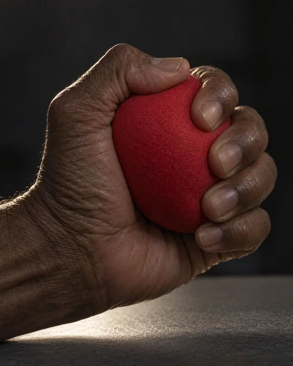 A dark-brown hand squeezes a red foam ball above a gray tabletop, lit against a deep charcoal background.