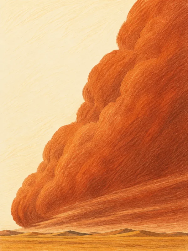 A large rust-orange mass of airborne sand fills the right side of a cream-colored desert scene, with a rounded, scalloped edge leaning toward a narrow band of…