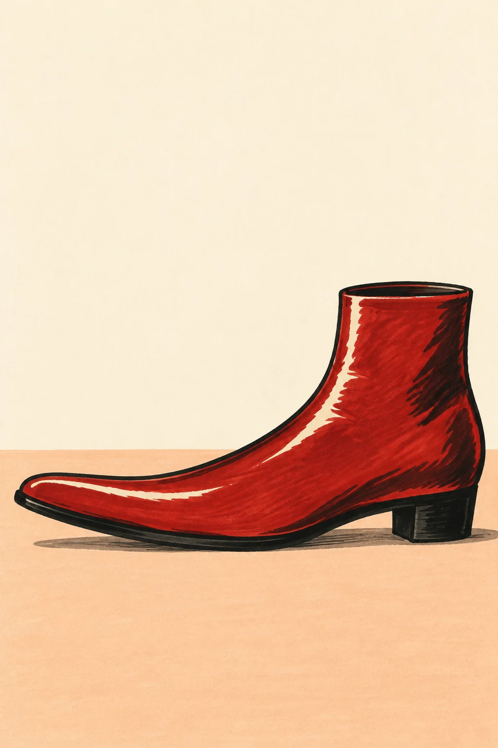 A cherry-red ankle boot with an exaggerated long toe pointing left and a small black block heel rests on a pale peach tabletop against a warm ivory background.