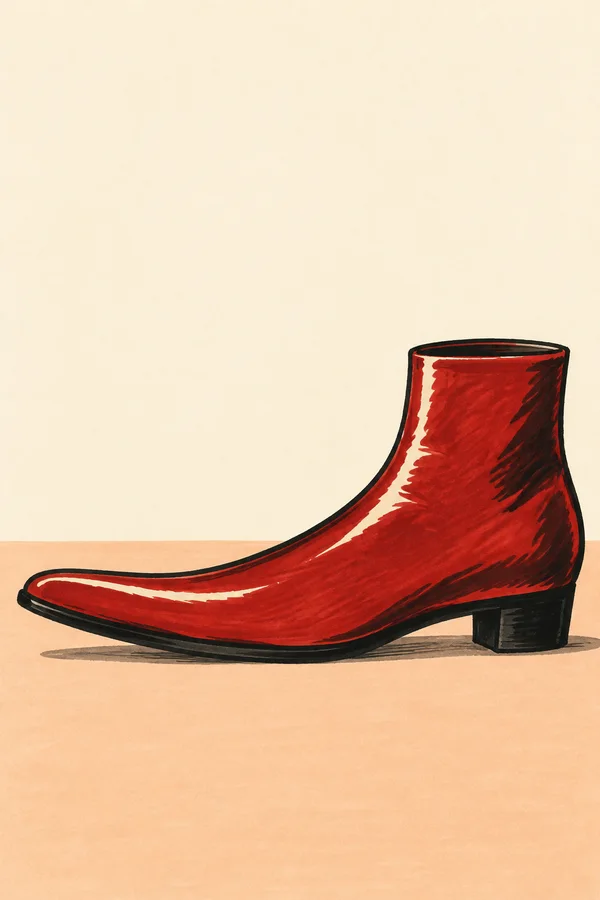 A cherry-red ankle boot with an exaggerated long toe pointing left and a small black block heel rests on a pale peach tabletop against a warm ivory background.