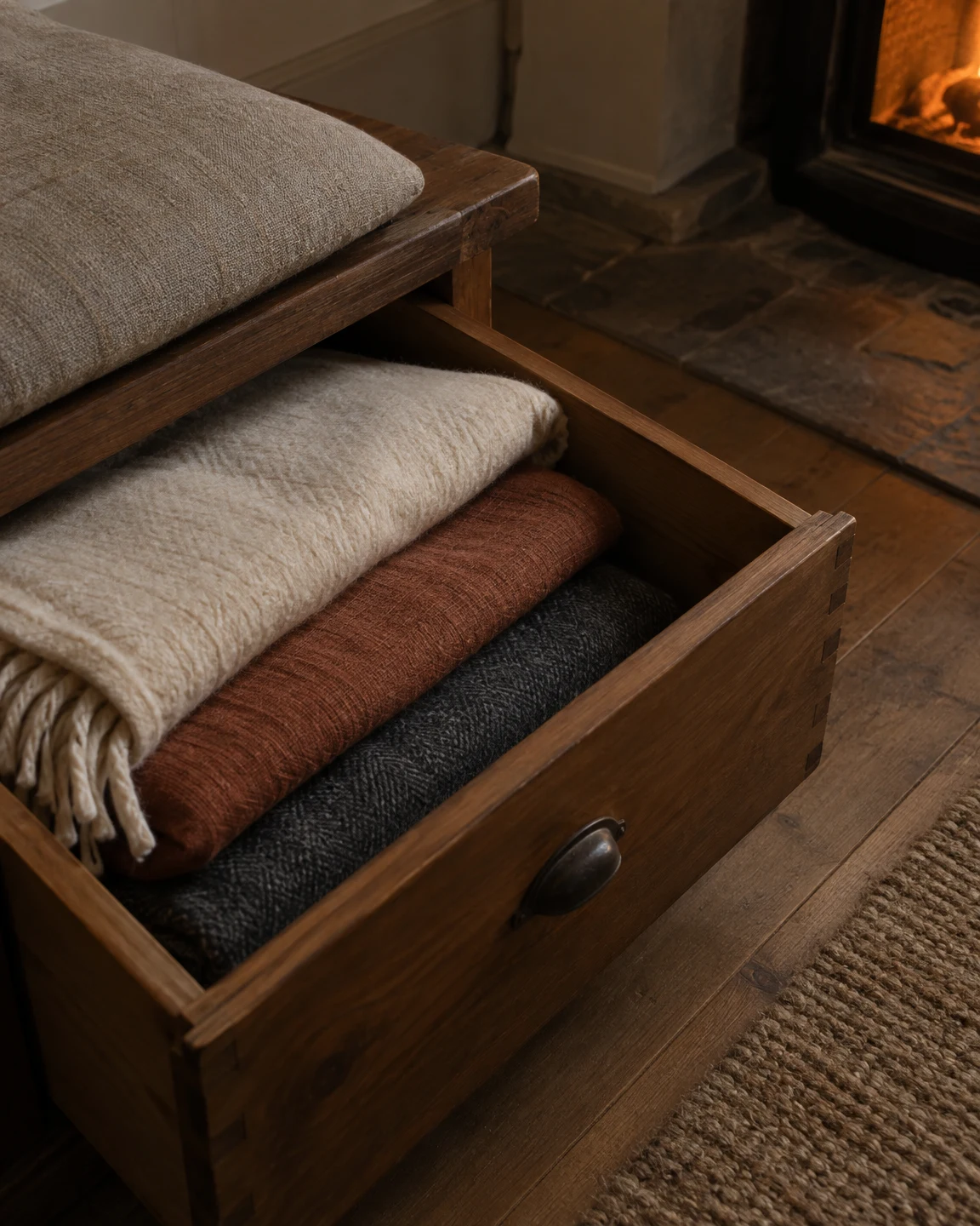 A partly open wooden drawer beneath a low bench holds three folded blankets in cream, rust and charcoal; a fringed cream corner falls over the drawer edge…