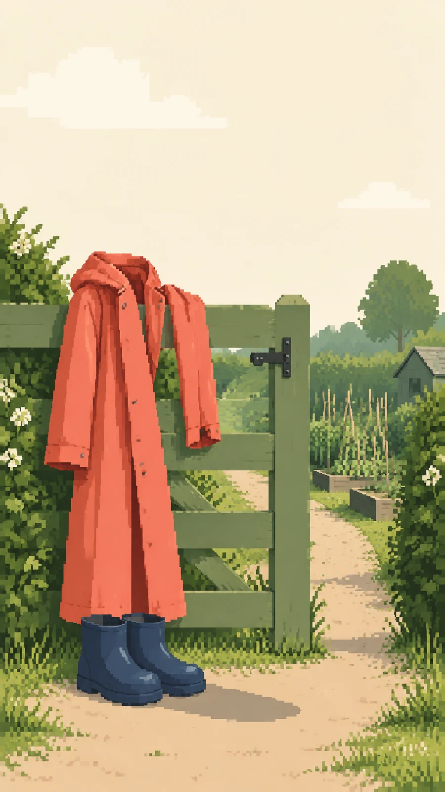 A coral raincoat hangs over a sage-green garden gate above a pair of navy boots beside a sandy path, with dense planting and a small shed in the background.