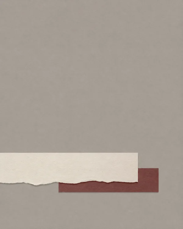 A textured ivory paper strip with a torn lower edge overlaps a muted oxblood rectangle on a warm-grey paper field, leaving a large empty area above.
