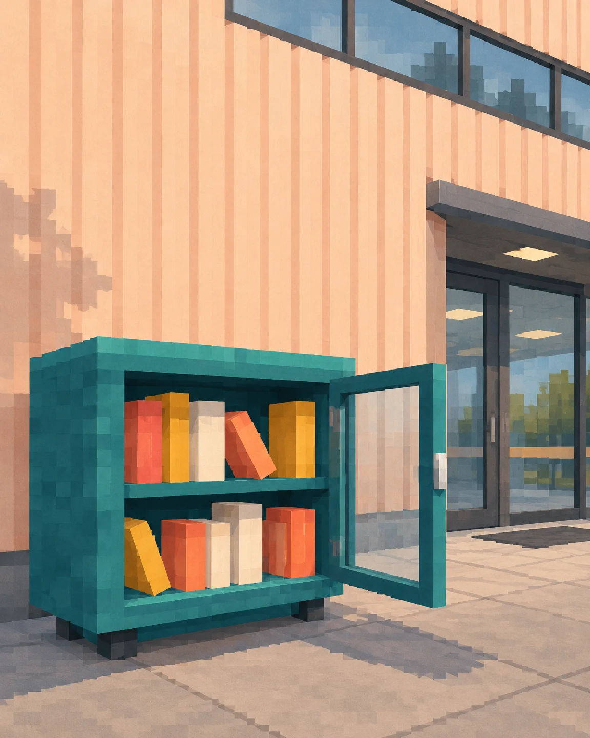 A squat teal cabinet with an open glass door displays two shelves of blank coral, mustard and cream books outside a peach ribbed building, with glazed entrance…
