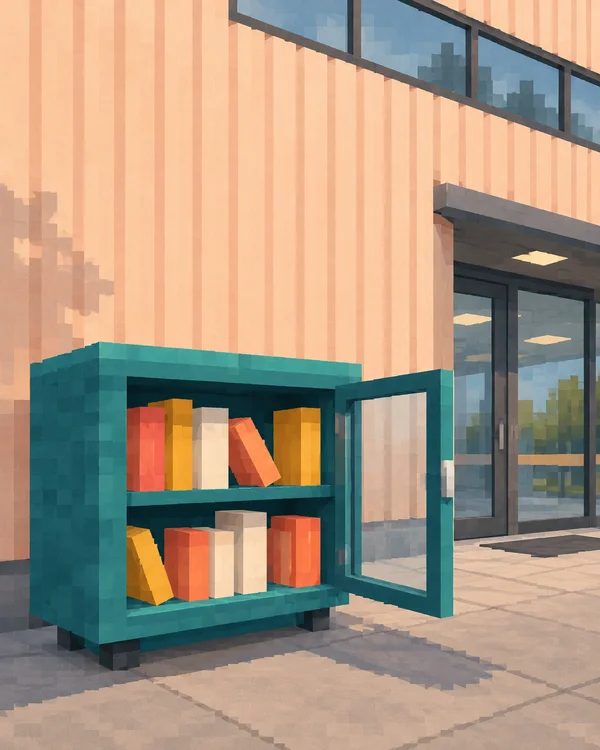 A squat teal cabinet with an open glass door displays two shelves of blank coral, mustard and cream books outside a peach ribbed building, with glazed entrance…