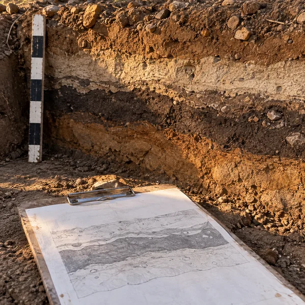 A clipboard with a graphite drawing of soil layers rests in front of a rocky excavation profile, with a black-and-white segmented scale standing at the left…