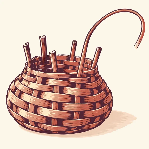 A broad, squat rose-copper basket with an uneven open rim and several upright stakes sits on a warm ivory ground.