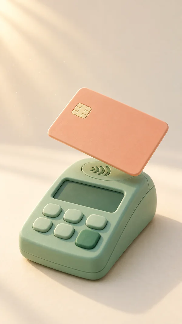 A peach card with a gold chip hovers above the contactless reader of a mint-green payment terminal on a warm ivory surface, lit by soft sunlight.