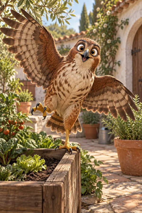 A wide-eyed russet hawk balances with both wings spread on the wooden edge of a raised garden bed, one golden foot gripping the rim and the other lifted; leafy…