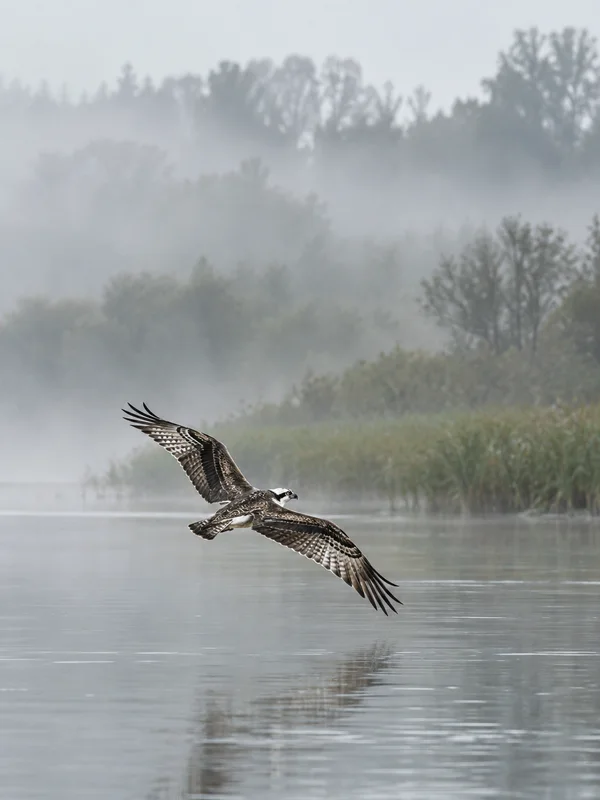 A dark-and-white osprey glides low over still grey water, with one wing raised and the other angled down; mist softens the distant trees and reeds along the…