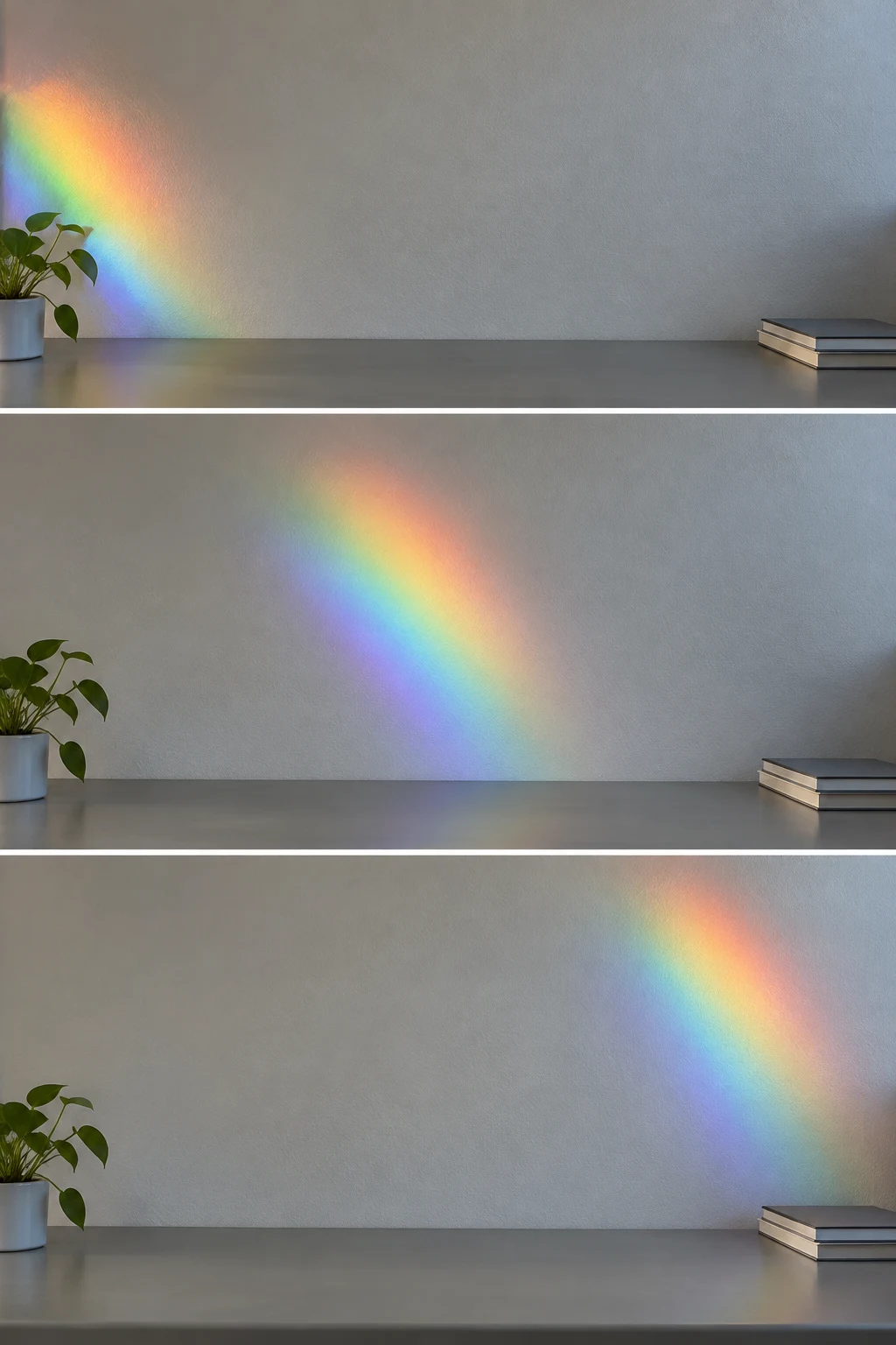Three stacked views of a gray office desk and textured off-white wall, with a rainbow-colored light patch shifting from the left side to the center and then…