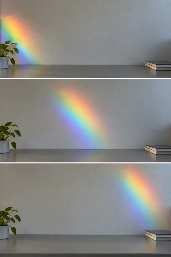Three stacked views of a gray office desk and textured off-white wall, with a rainbow-colored light patch shifting from the left side to the center and then…
